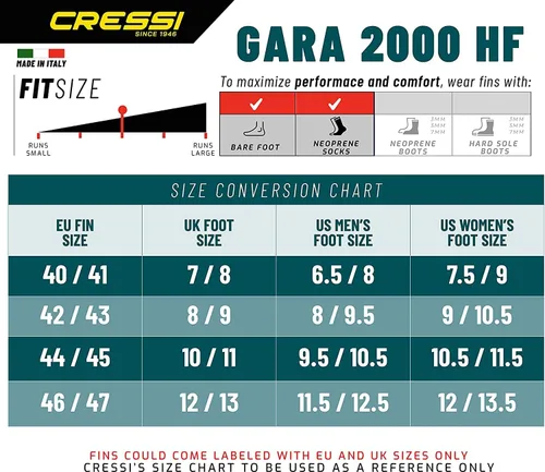 Miniatura 7 de Cressi Free Buceo Aletas Largas Reactivas - Alto Rendimiento, Buen Control - Gara 2000 HF Hecho en Italia