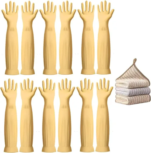 Miniatura 7 de 3 pares de guantes de 17.8 pulgadas de longitud con codo de goma reutilizables, impermeables, para limpieza del hogar y cocina, tamaño pequeño