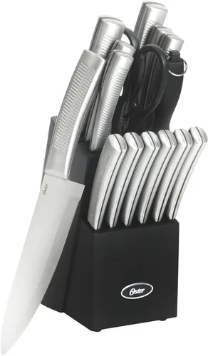 Miniatura 8 de Oster Langmore - Juego de 15 piezas de cuchillos de acero inoxidable con mangos negros – Juego completo de cuchillería de cocina en caja de Negro
