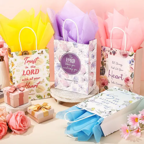 Miniatura 2 de Sinmoe 48 bolsas cristianas para recuerdos de boda con asas, diseño de girasol y mariposa, bolsas de regalo de tejido con versículo de la Biblia