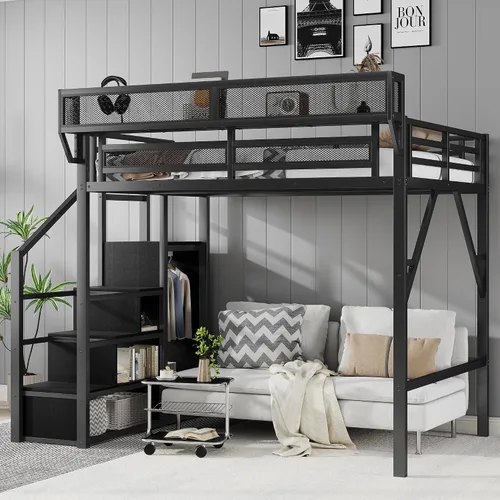 Miniatura 14 de KEIKI Base de cama de metal tamaño individual con escalera convertible, estantes de almacenamiento integrados y armario, cama alta con listones