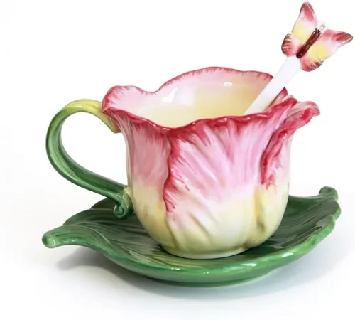 Miniatura 9 de Juego de taza de té y platillo de cerámica, taza de café de flores pintadas a mano en 3D de 6 onzas, regalo para mujeres, tulipán naranja