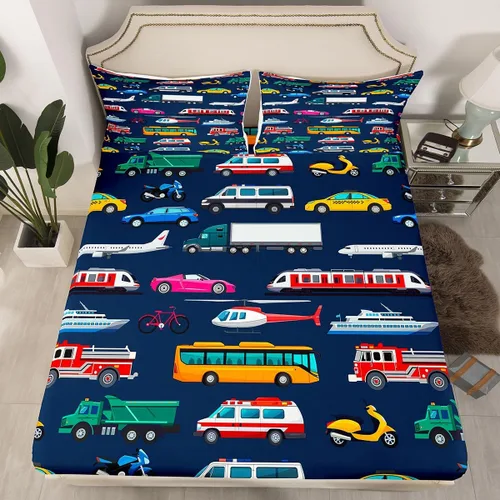 Miniatura 21 de Juego de sábanas bajeras ajustables para niños, diseño de caricaturas, camiones, tamaño individual, juegos de ropa de cama de excavadoras, camiones