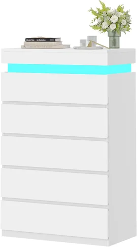 Miniatura 8 de HAUOMS Cómoda alta de 5 cajones con luz LED, cómoda moderna blanca para dormitorio, vestidor de armario con cajones para sala de estar, entrada