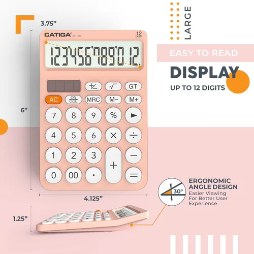 Miniatura 3 de CATIGA Calculadora de escritorio de 12 dígitos Calculadora de escritorio básica con pantalla LCD grande, botones grandes, 4 funciones, energía solar