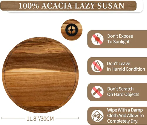 Miniatura 5 de Hanobe Bandeja de madera Lazy Susan: mesa giratoria redonda de madera de acacia bandejas decorativas para mesa de centro de mesa de centro de mesa
