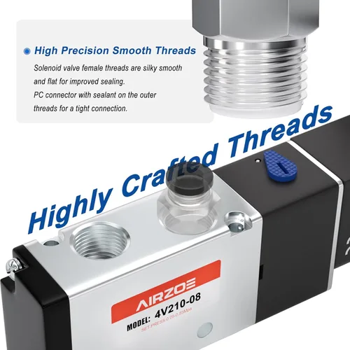 Miniatura 6 de AIRZOE 1/4 "NPT DC12V 2 posiciones 5 vías válvula solenoide, válvula solenoide eléctrica de bobina única operada por piloto (cable de salida)