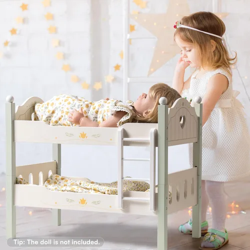 Miniatura 6 de ROBOTIME Litera para Muñeca de Bebé, Cuna de Muñeca de Madera para Muñecas de 18 Pulgadas, Juguete de Muebles para Muñeca American Girl con Ropa