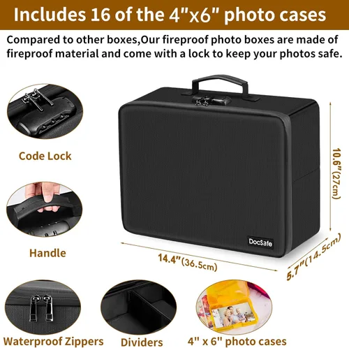 Miniatura 4 de DocSafe Caja de almacenamiento de fotos con cerradura, caja organizadora de fotos ignífuga con 16 fundas interiores de 4 x 6 pulgadas (multicolor)