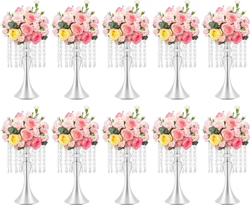 Miniatura 10 de Juego de 10 portavelas de metal dorado de 10.2 pulgadas de alto, florero, arreglo floral, candelabro, candelabro, portavelas para bodas, fiestas