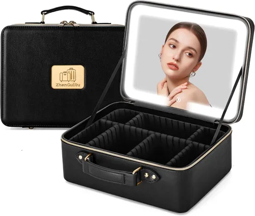 Bolsa de Maquillaje con Espejo LED, Estuche de Tren de Maquillaje de 11.5'' de Cuero PU con 3 Luces de Colores, Estuche Cosmético Organizador