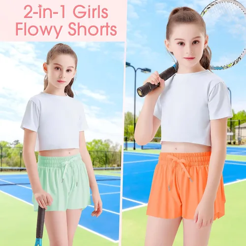 Miniatura 2 de QooNoo Girls Butterfly Shorts with Pocket Flowy Athletic Shorts High Waist Preppy Running Shorts for Kids Teen