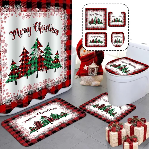 Miniatura 8 de MEHOFOND Juego de 4 cortinas de ducha de invierno de Navidad con alfombras antideslizantes, cubierta de tapa de inodoro y alfombrilla de baño