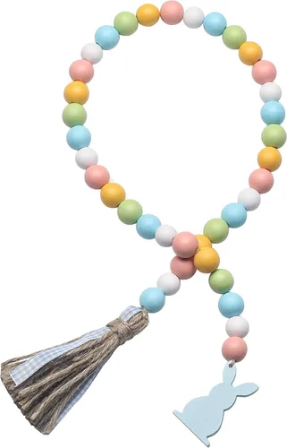 Miniatura 9 de Guirnalda de cuentas de madera de Pascua con borlas y etiqueta de conejo, cuentas de madera de estilo granja para decoraciones de bandeja