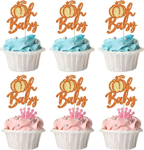 Miniatura 18 de 24 adornos para cupcakes de calabaza para niños o niñas con purpurina para revelación de género, decoración para cupcakes de calabaza, pies