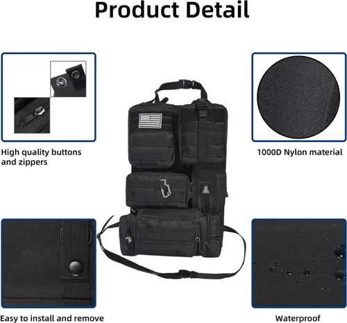 Miniatura 4 de Organizador táctico para respaldo de asiento de automóvil, organizador táctico Molle para respaldo de asiento con 6 bolsas Molle desmontables