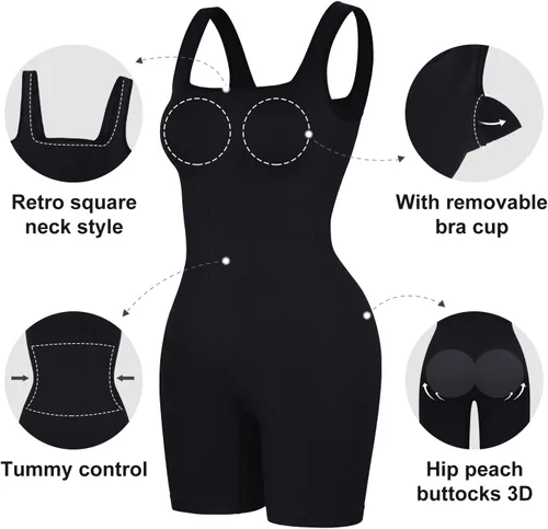 Miniatura 3 de Popilush Overol moldeador para mujer, brasier integrado, cuello cuadrado, pantalones cortos, bodysuits de verano