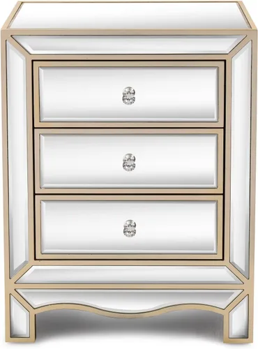 Miniatura 4 de Henf Elegante mesita de noche de espejo con borde dorado plateado con 3 cajones, mesa de acento de espejo con perilla de cristal, mesa auxiliar