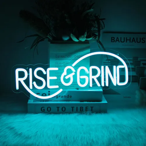 Miniatura 3 de Letrero de neón Rise & Grind Hustle, letreros de neón LED para pared, decoración motivacional, luz de neón de letra azul hielo, arte de pared