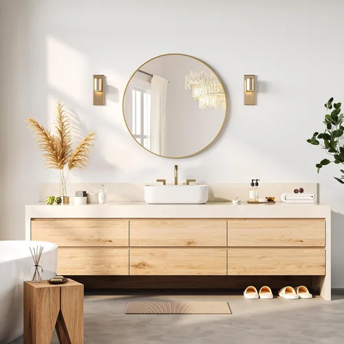 Miniatura 5 de Espejo redondo dorado de 30 pulgadas para pared, espejo de baño circular grande para sobre el fregadero, marco de metal dorado mate, vidrio