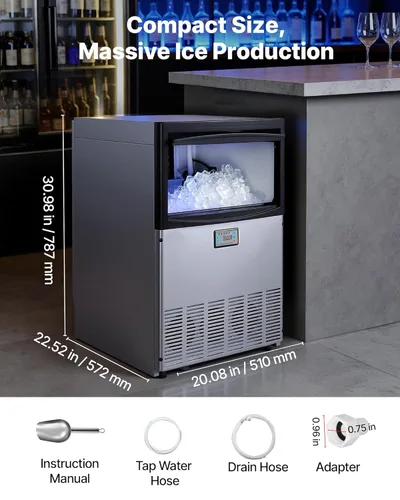 Miniatura 7 de VEVOR Máquina comercial para hacer hielo, 200 libras/24 horas con capacidad de almacenamiento de 50 libras, integrada/independiente/debajo