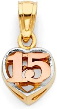 Miniatura 2 de Ioka 14K Tri Color Gold Sweet 15 Years Quinceanera Heart Charm Pendant with 1.5mm Valentino Chain Necklace