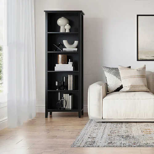 Miniatura 2 de SIMPLIHOME Estantería artesanal de madera maciza de 72 pulgadas de alto y 5 estantes en color negro, almacenamiento contemporáneo para sala