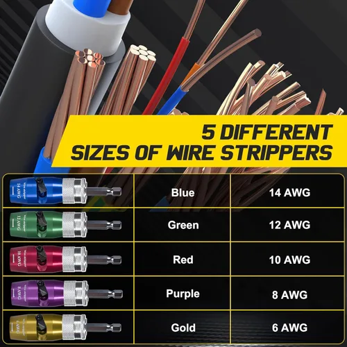 Miniatura 4 de Pelacables para taladro – Herramienta de pelado y torsión de cables eléctricos mejorada 2025 para AWG 14-12-10-8-6, herramienta pelacables para Negro