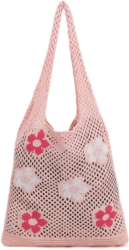 Miniatura 10 de ENBEI Bolsas bohemias, bolsa de punto de hombro, bolsa de mano Y2K estética, bolso de ganchillo lindo para mujeres, regalos hippie Rosa con seis