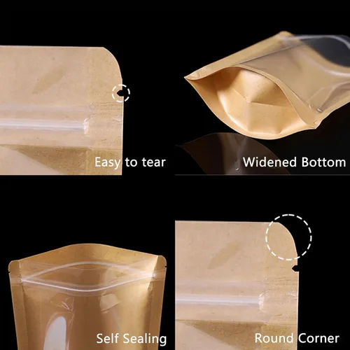 Miniatura 8 de 50 bolsas de papel kraft con ventana transparente Fornt bolsas resellables de pie con cierre de cremallera, bolsas de almacenamiento de alimentos