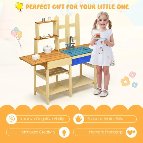 Miniatura 5 de HONEY JOY Juego de cocina de barro para niños, para interiores y exteriores, juguete de simulación de madera con fregadero extraíble, grifo