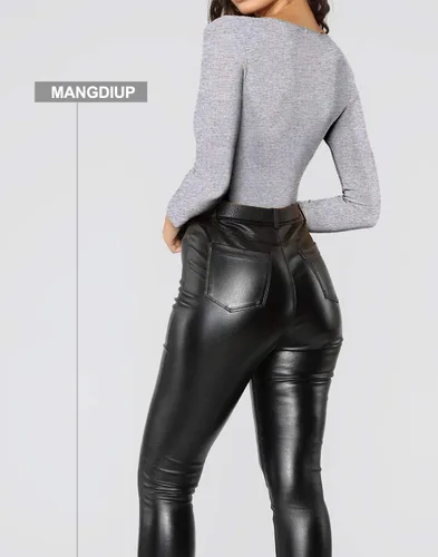 Miniatura 105 de MANGDIUP Body esencial para mujer, cuello redondo, manga larga, ajustado, elástico, de algodón y elastano