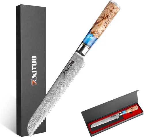 Miniatura 11 de XITUO VG10 Juego de cuchillos de chef japoneses de acero Damasco de 4 piezas, resina azul y mango de madera, cuchillo de chef de 8 pulgadas