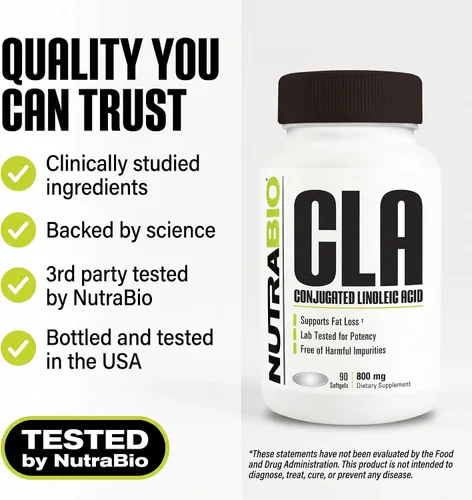Miniatura 5 de NutraBio Suplemento de ácido linoleico conjugado CLA, 800 mg, 90 cápsulas blandas