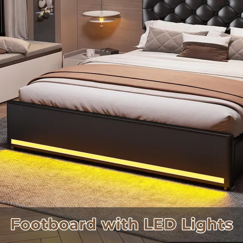 Miniatura 8 de HAUOMS Base de cama Queen con cabecera de 3 niveles y almacenamiento oculto, marco de cama LED tapizado con 4 cajones y estación de carga, marco