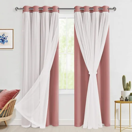 Miniatura 14 de Hiasan Cortinas opacas con superposición transparente, aislamiento térmico para mezclar y combinar de doble capa, cortinas de oscurecimiento de Beige