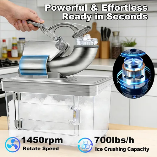 Miniatura 3 de Máquina de cono de nieve 700 libras/h, máquina de hielo rallado comercial 40L, trituradora de hielo eléctrica con cuchillas dobles de afeitar