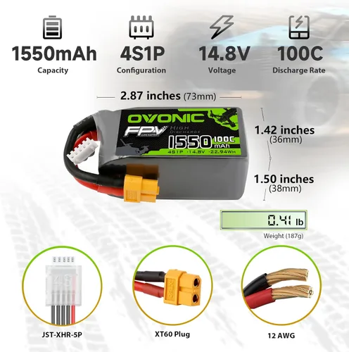 Miniatura 2 de OVONIC 4s Lipo Battery 100C 1550mAh 14.8V Lipo Batería con conector XT60 para RC FPV Racing Drone Quadcopter (2 paquetes)