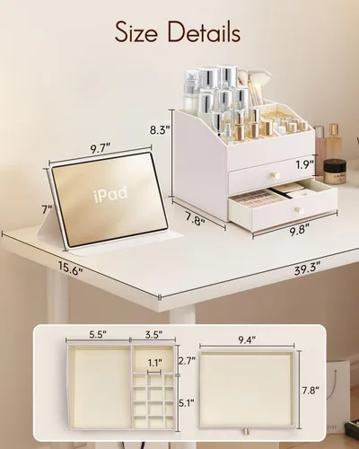 Miniatura 6 de Organizador de maquillaje Vlando, organizador para el cuidado de la piel para tocador, organizador de maquillaje de PU con cajones, estuche