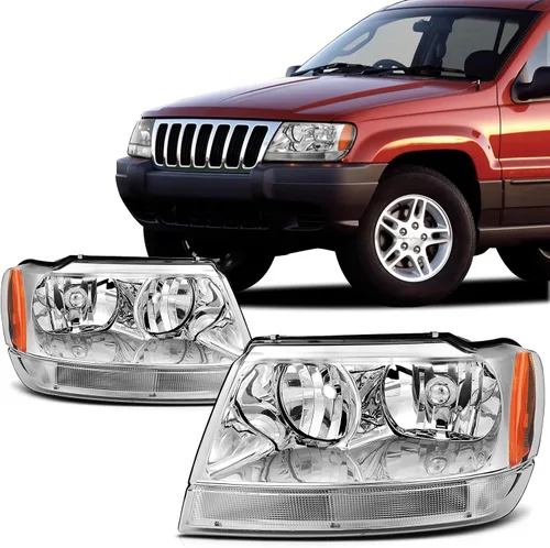 SCITOO Faros delanteros para Jeep Grand Cherokee 1999-2004, carcasa cromada, reflector ámbar, lente transparente, lado del conductor y del pasajero