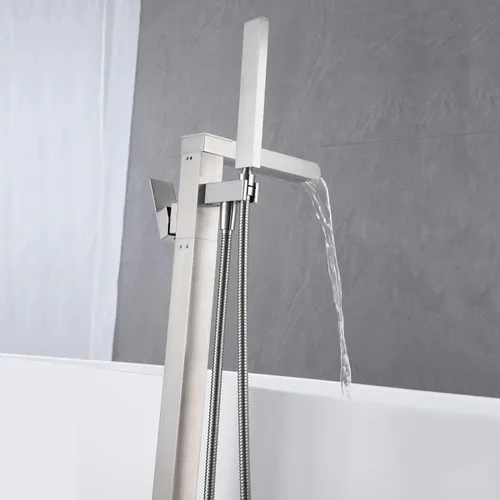Miniatura 4 de Wowkk Grifo de bañera independiente, relleno de bañera de cascada, níquel cepillado, montaje en el suelo, latón de una sola manija, grifos de baño
