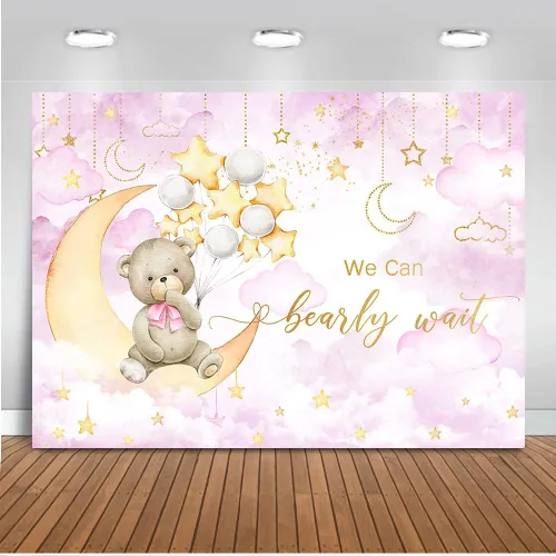 Mocsicka We Can Bearly Wait - Telón de fondo de luna y estrella, oso de nube, decoración de fiesta de baby shower, globo de fondo, oso de estrella