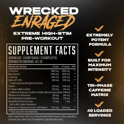 Miniatura 3 de Wrecked Enraged High Stim Pre Entrenamiento - Fórmula Extreme Hardcore para energía intensa, enfoque láser y máxima fuerza, potente matriz