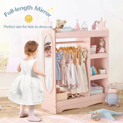 Miniatura 3 de Curipeer Almacenamiento de disfraces para niños con espejo, armario para niños con almacenamiento y 3 ganchos, armario para niños y niñas