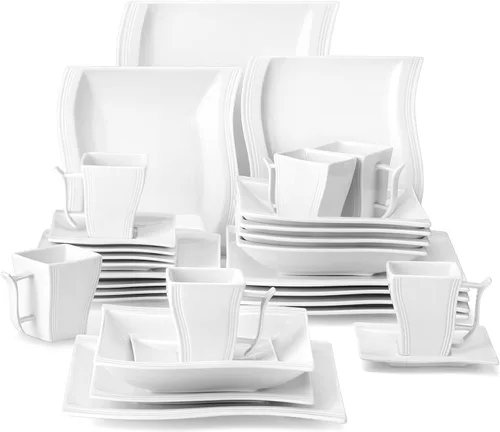 Miniatura 11 de MALACASA - Juegos de vajilla para 6, 30 piezas de platos y tazones de porcelana, juego de vajilla cuadrada con plato para cena y tazón, taza y Azul