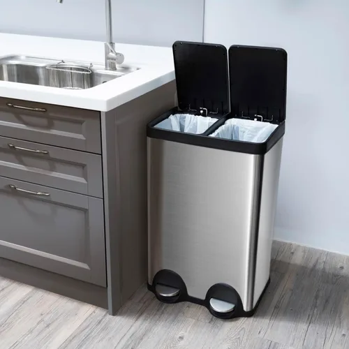 Miniatura 8 de Home Zone Living Bote de basura de cocina de 16 galones con compartimentos dobles para basura y reciclaje, tapas de cierre suave, pedales y forros
