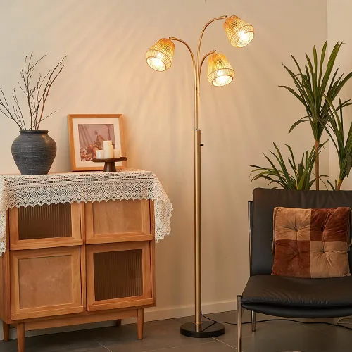 Miniatura 6 de Lámpara de pie dorada de ratán para sala de estar, lámpara de pie boho de 72 pulgadas de alto con interruptor giratorio, lámpara de arco de 3 luces