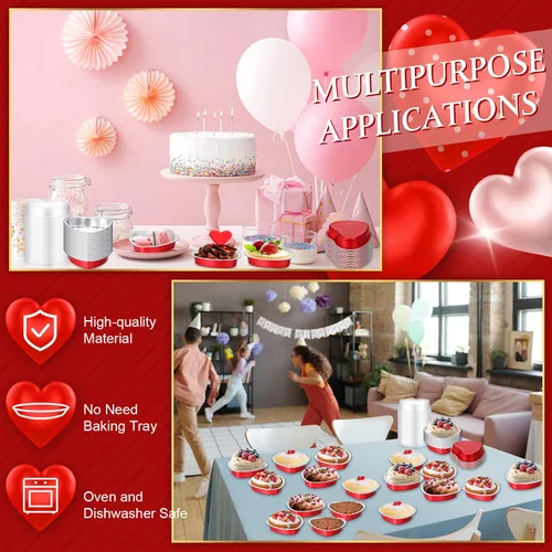 Miniatura 6 de Yinkin Juego de 50 moldes de aluminio con forma de corazón de 9 onzas con tapa, moldes desechables de papel de aluminio para cupcakes, moldes