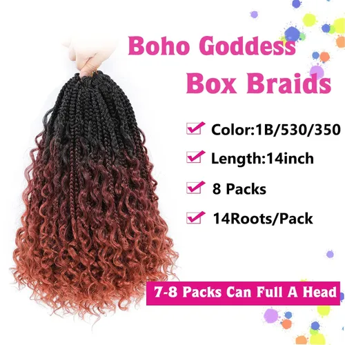 Miniatura 3 de Wodun Extensiones de cabello de ganchillo Goddess de 14 pulgadas, trenzas de caja con extremos rizados 3X estilo bohemio, extensiones de cabello