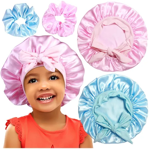 Miniatura 10 de 2+2 gorros de satén con coleteros para niños, bonitos gorros de pelo para niñas para dormir cabello rizado, A